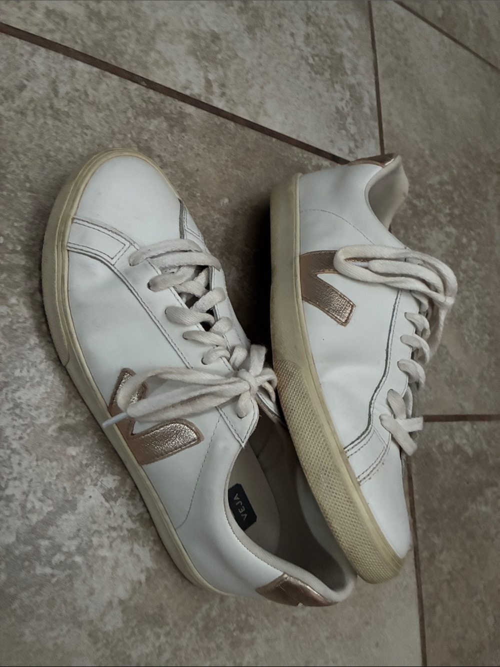Veja White Leather Sneakers with Metallic Rose V Detail